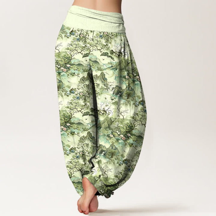 Buddha Stones Cotton Oriental Landscape Pattern Women's Elastic Waist Harem Pants - image 8