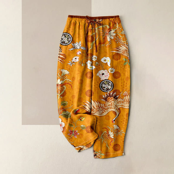 Buddha Stones Pure Cotton White Crane Floral Medallion Pattern Women's Elastic Waist Pants With Pockets - Goldenrod - US16，UK/AU20，EU48 (3XL) - image 3