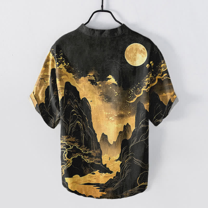 Buddha Stones Cotton Golden Moon Landscape Pattern Men's Short Sleeve Half Button Shirt - image 1