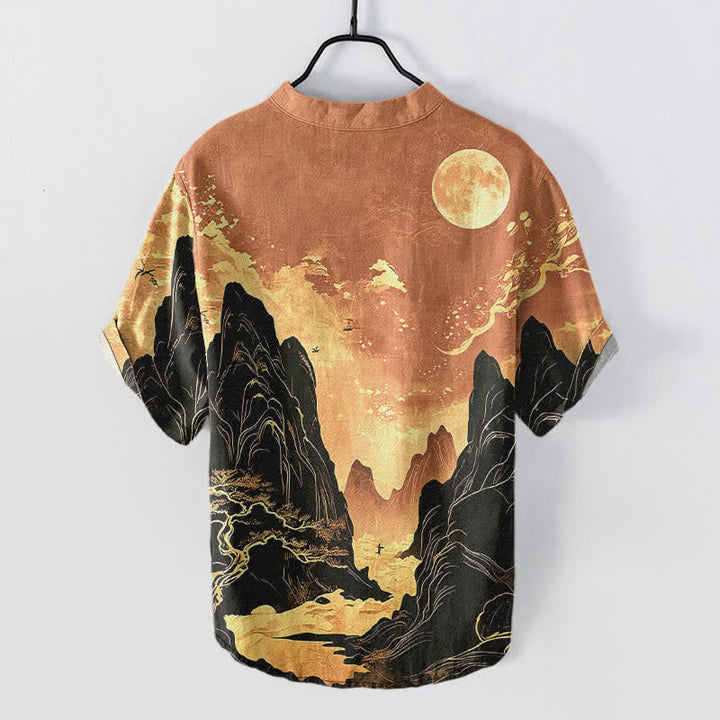 Buddha Stones Cotton Golden Moon Landscape Pattern Men's Short Sleeve Half Button Shirt - image 8
