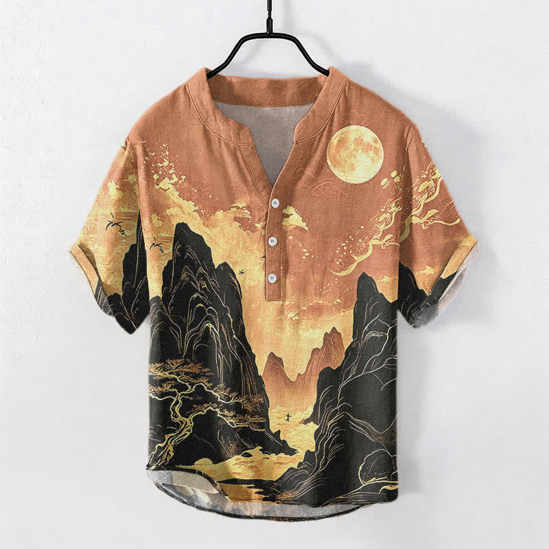 Buddha Stones Cotton Golden Moon Landscape Pattern Men's Short Sleeve Half Button Shirt - SandyBrown - US/UK/AU50，EU60 (5XL) - image 7