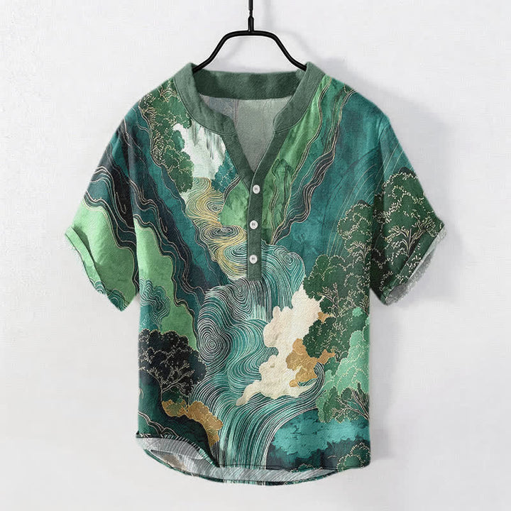 Buddha Stones Cotton Oriental Ink Landscape Pattern Men's Short Sleeve Half Button Shirt - Teal - US/UK/AU50，EU60 (5XL) - image 0