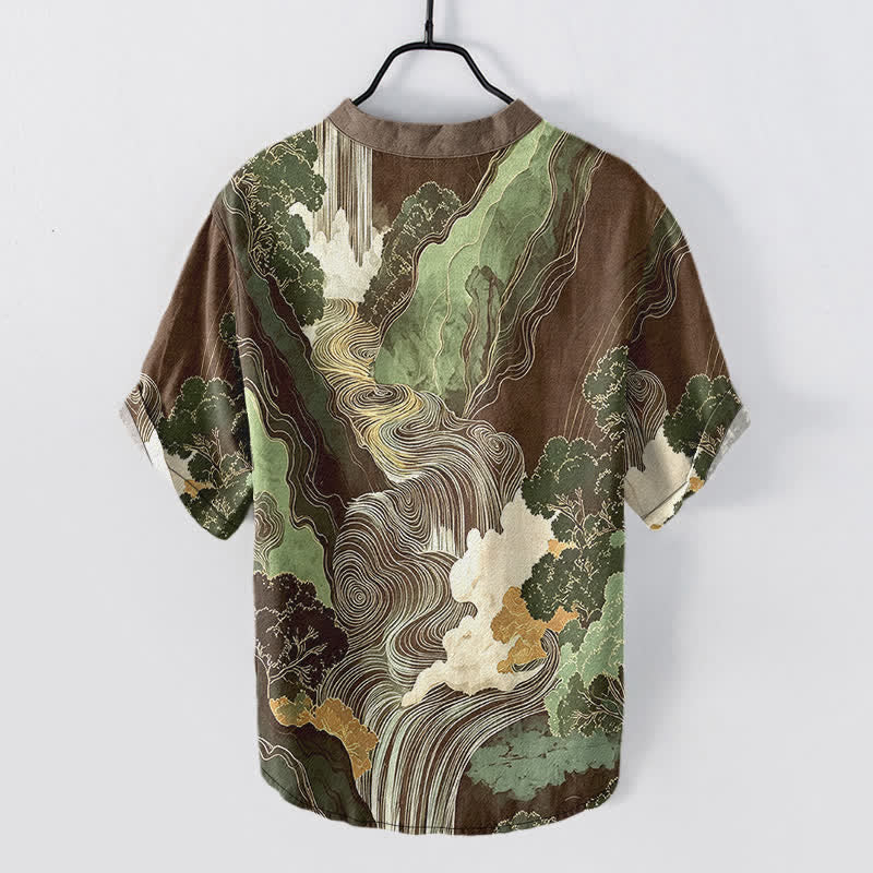 Buddha Stones Cotton Oriental Ink Landscape Pattern Men's Short Sleeve Half Button Shirt - image 8