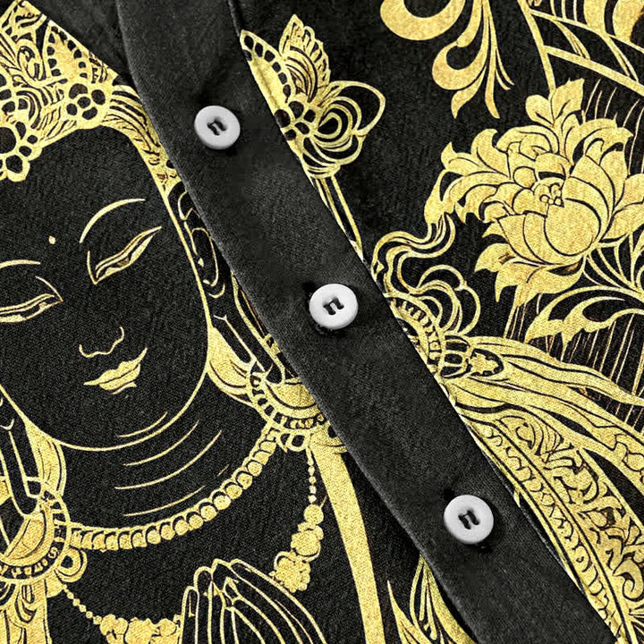 Buddha Stones Cotton Golden Buddha Icon Pattern Men's Short Sleeve Half Button Shirt - image 3