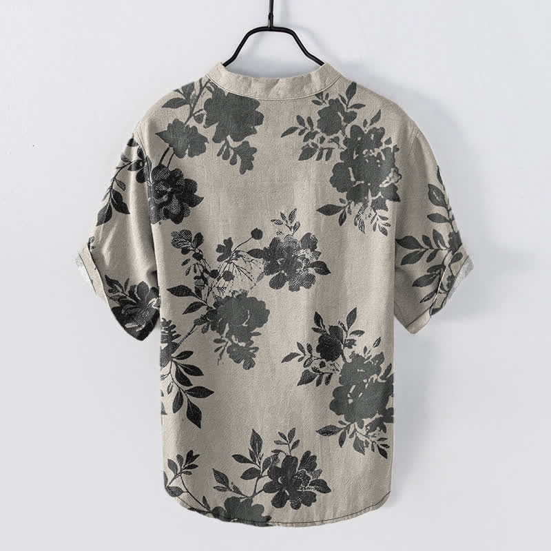 Buddha Stones Cotton Oversized Charcoal Floral Pattern Men's Short Sleeve Half Button Shirt - image 1