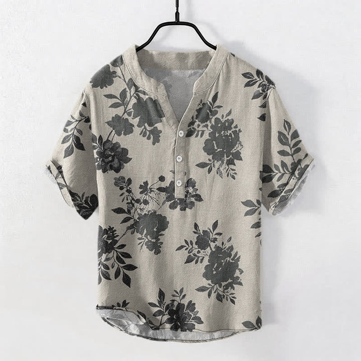 Buddha Stones Cotton Oversized Charcoal Floral Pattern Men's Short Sleeve Half Button Shirt - LightGray - US/UK/AU50，EU60 (5XL) - image 0