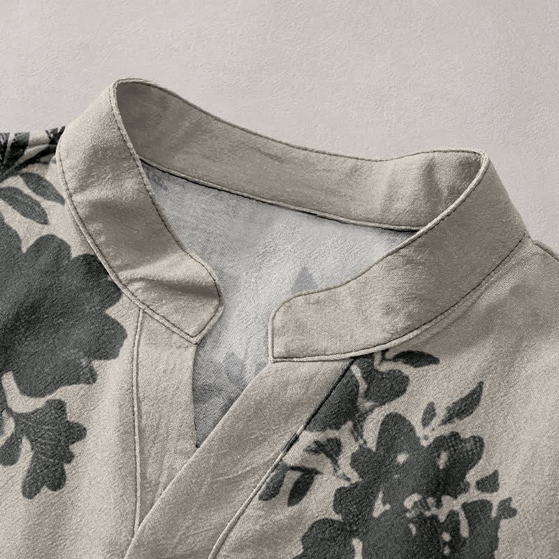Buddha Stones Cotton Oversized Charcoal Floral Pattern Men's Short Sleeve Half Button Shirt - image 2