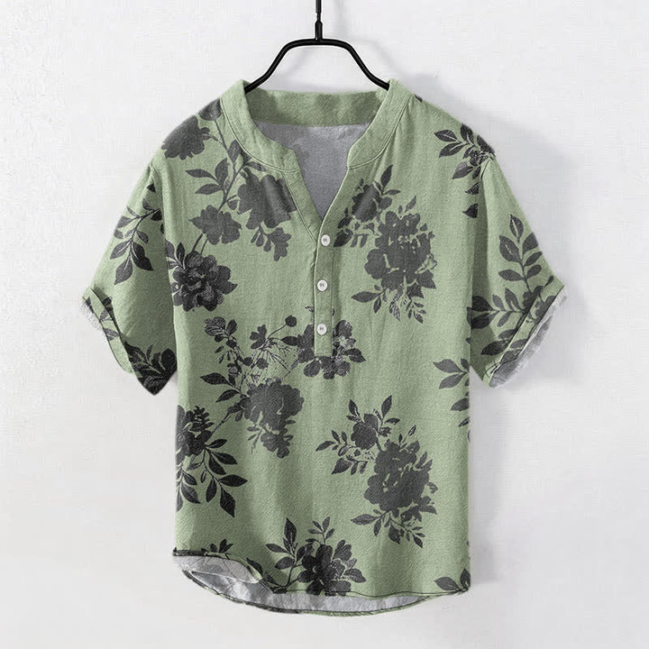Buddha Stones Cotton Oversized Charcoal Floral Pattern Men's Short Sleeve Half Button Shirt - OliveDrab - US/UK/AU50，EU60 (5XL) - image 7