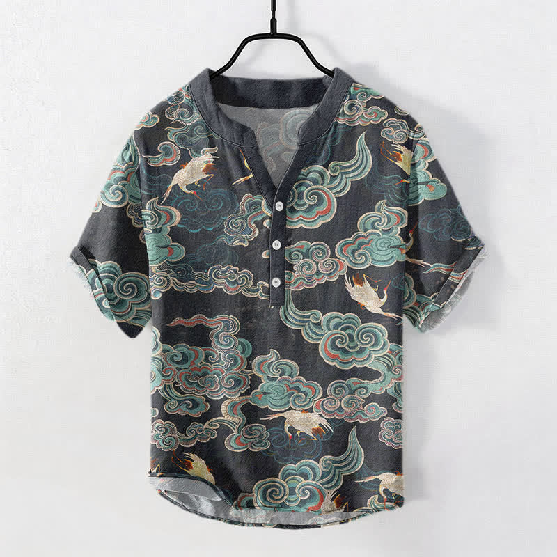 Buddha Stones Cotton Koi Fish Lotus Pattern Men's Short Sleeve Half Button Shirt - Black - US/UK/AU50，EU60 (5XL) - image 0