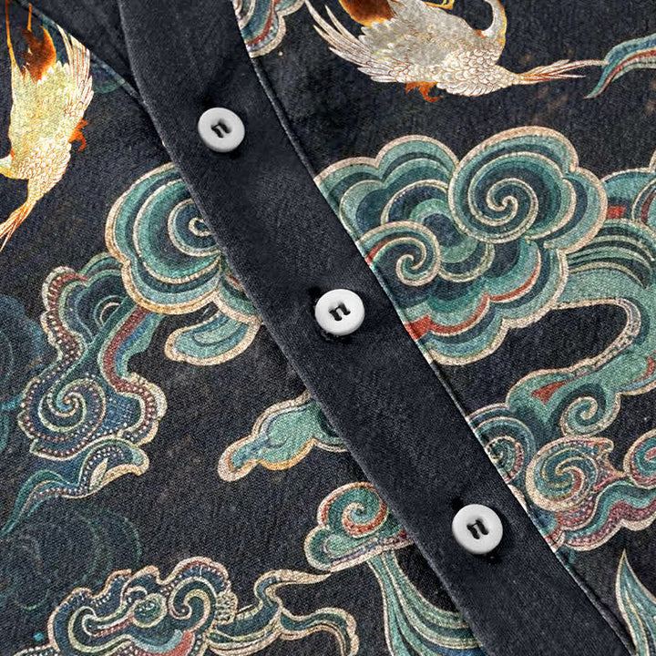 Buddha Stones Cotton Koi Fish Lotus Pattern Men's Short Sleeve Half Button Shirt - image 3