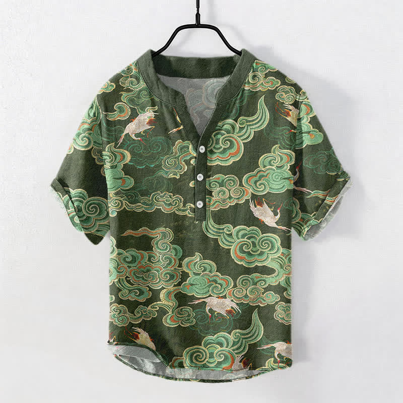Buddha Stones Cotton Koi Fish Lotus Pattern Men's Short Sleeve Half Button Shirt - DarkOliveGreen - US/UK/AU50，EU60 (5XL) - image 5