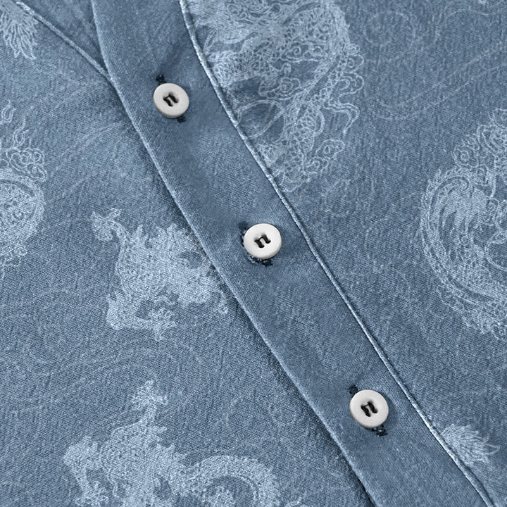 Buddha Stones Cotton Faded Indigo Dragon Pattern Men's Short Sleeve Half Button Shirt - image 3