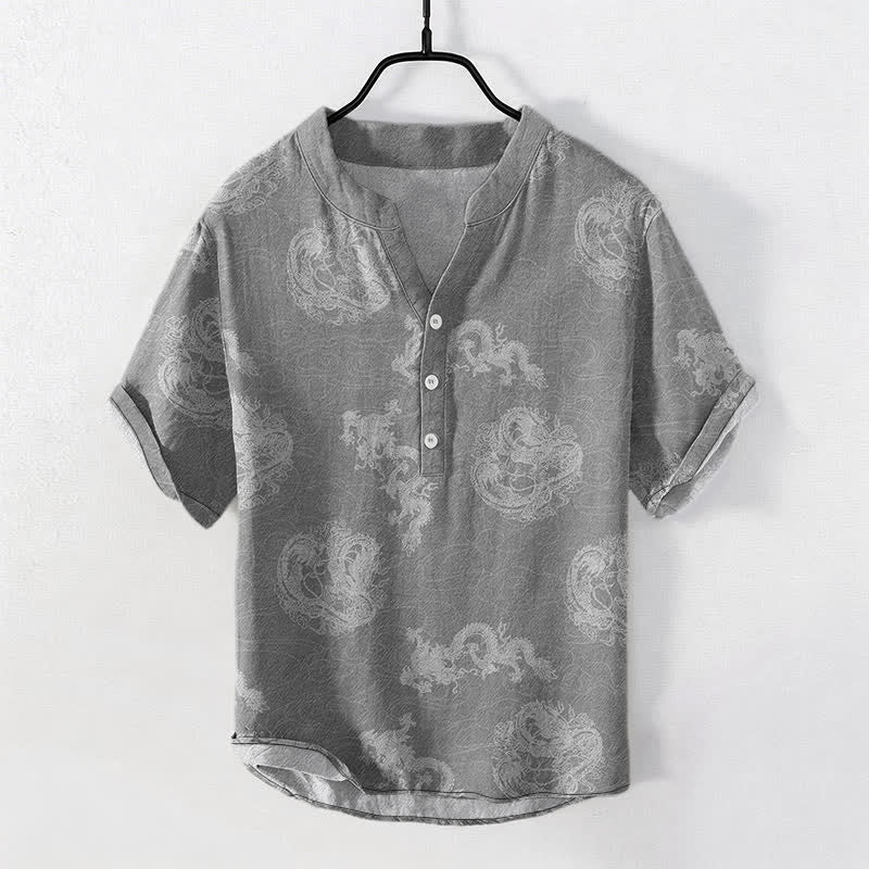 Buddha Stones Cotton Faded Indigo Dragon Pattern Men's Short Sleeve Half Button Shirt - Gray - US/UK/AU50，EU60 (5XL) - image 5