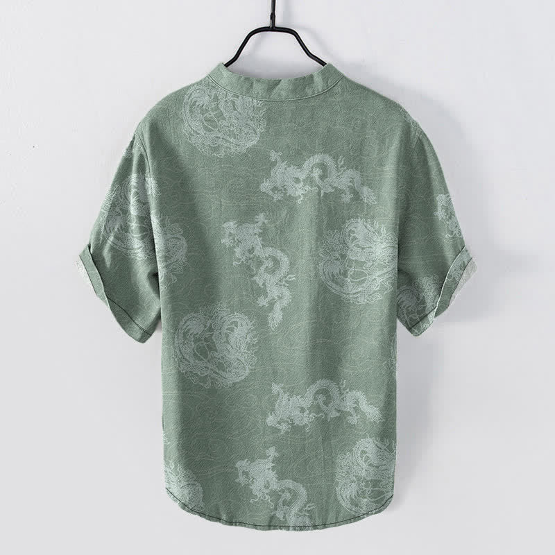 Buddha Stones Cotton Faded Indigo Dragon Pattern Men's Short Sleeve Half Button Shirt - image 8