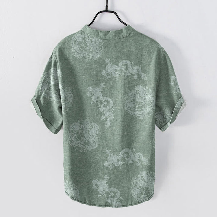Buddha Stones Cotton Faded Indigo Dragon Pattern Men's Short Sleeve Half Button Shirt - image 8
