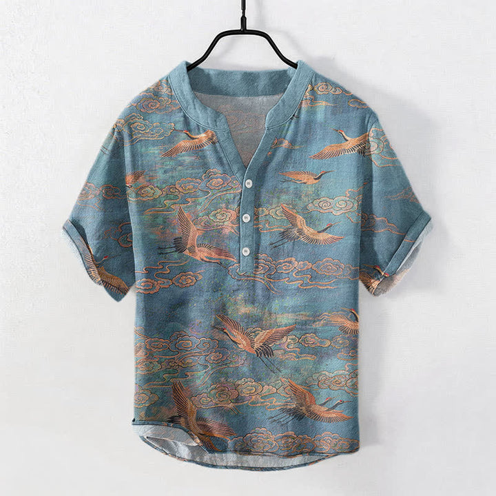 Buddha Stones Cotton Flying Crane Cloud Pattern Men's Short Sleeve Half Button Shirt - LightSeaGreen - US/UK/AU50，EU60 (5XL) - image 0