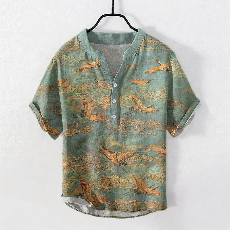 Buddha Stones Cotton Flying Crane Cloud Pattern Men's Short Sleeve Half Button Shirt - SeaGreen - US/UK/AU50，EU60 (5XL) - image 5