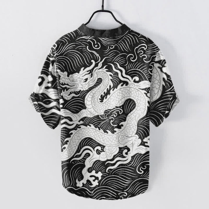 Buddha Stones Cotton White Dragon Wave Pattern Men's Short Sleeve Half Button Shirt - image 6