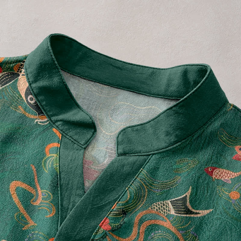 Buddha Stones Cotton Koi Fish Lotus Pattern Men's Short Sleeve Half Button Shirt - image 2