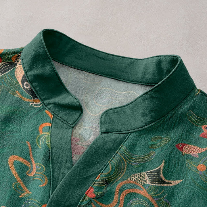 Buddha Stones Cotton Koi Fish Lotus Pattern Men's Short Sleeve Half Button Shirt - image 2