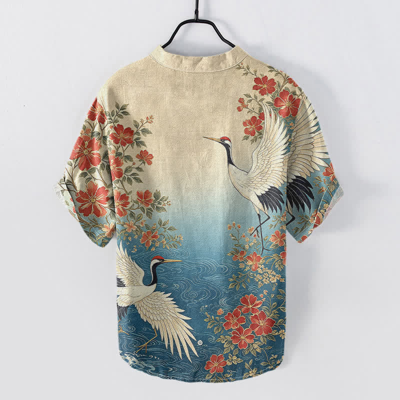 Buddha Stones Cotton Oriental Crane Floral Wave Pattern Men's Short Sleeve Half Button Shirt - image 1