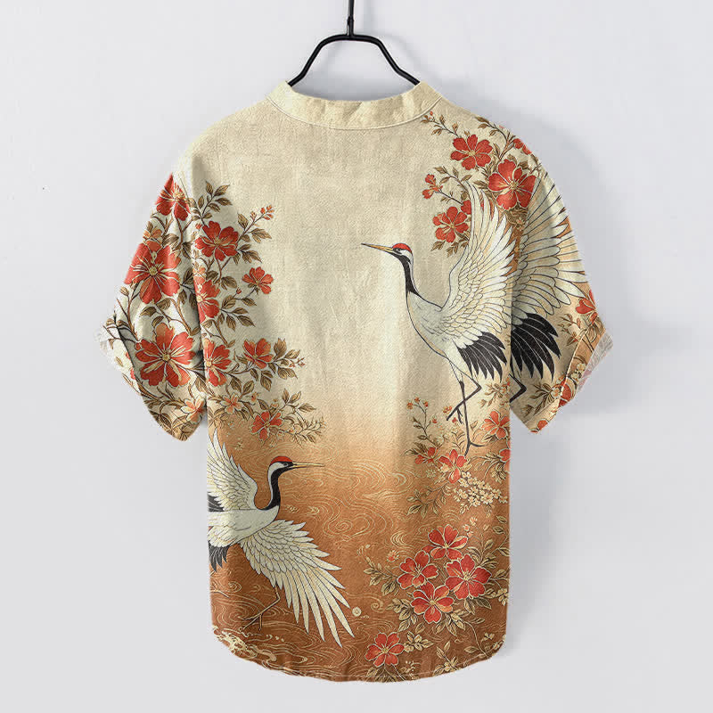 Buddha Stones Cotton Oriental Crane Floral Wave Pattern Men's Short Sleeve Half Button Shirt - image 4