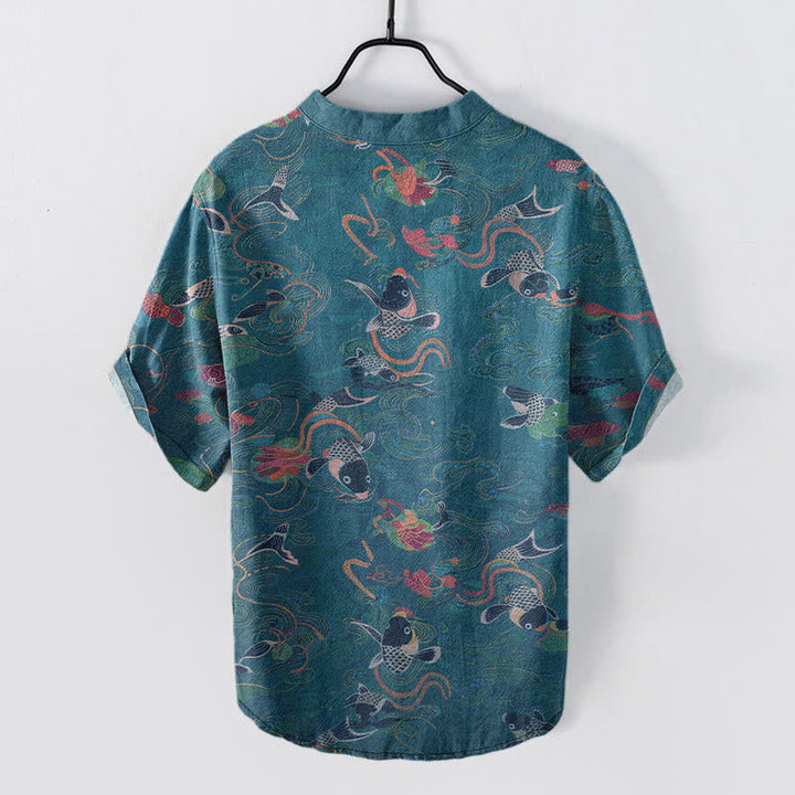 Buddha Stones Cotton Koi Fish Lotus Pattern Men's Short Sleeve Half Button Shirt - image 8
