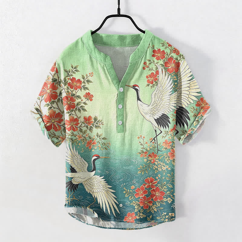 Buddha Stones Cotton Oriental Crane Floral Wave Pattern Men's Short Sleeve Half Button Shirt - LightSeaGreen - US/UK/AU50，EU60 (5XL) - image 5