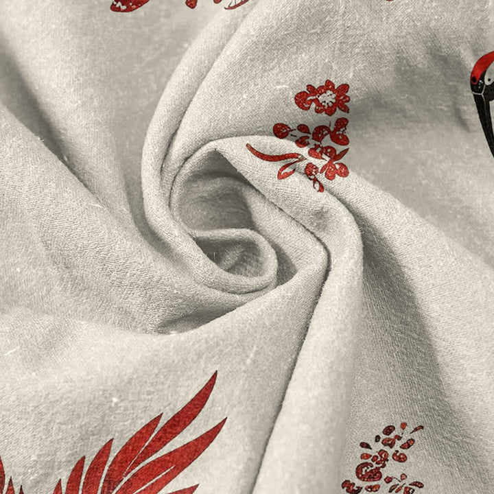 Buddha Stones Cotton Red Crane Floral Pattern Men's Short Sleeve Half Button Shirt - image 2