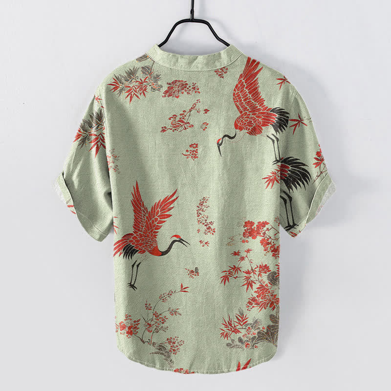 Buddha Stones Cotton Red Crane Floral Pattern Men's Short Sleeve Half Button Shirt - image 4