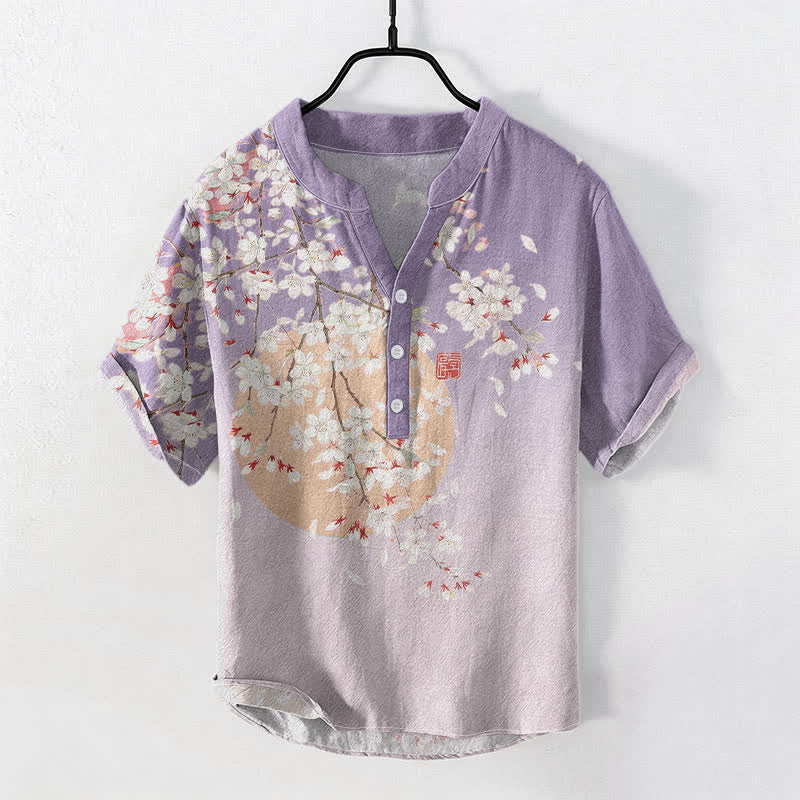 Buddha Stones Pure Cotton Cherry Blossom Watercolor Pattern Men's Short Sleeve Half Button Shirt - Lavender - US/UK/AU50，EU60 (5XL) - image 3