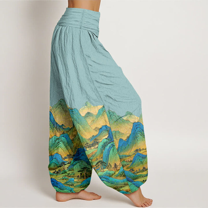 Buddha Stones Pure Cotton Blue Green Mountain Landscape Pattern Women's Elastic Waist Harem Pants - image 2