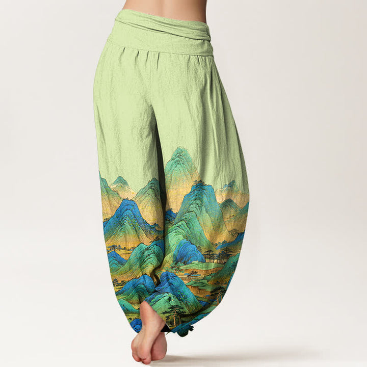 Buddha Stones Pure Cotton Blue Green Mountain Landscape Pattern Women's Elastic Waist Harem Pants - image 9