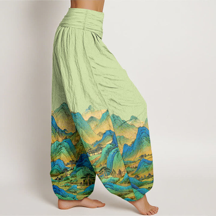 Buddha Stones Pure Cotton Blue Green Mountain Landscape Pattern Women's Elastic Waist Harem Pants - image 10
