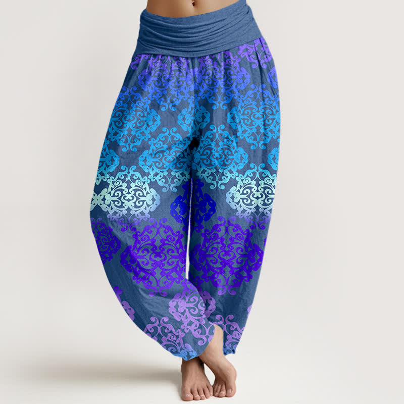 Buddha Stones Pure Cotton Baroque Gradient Floral Pattern Women's Elastic Waist Harem Pants - RoyalBlue - US16，UK/AU20，EU48 (3XL) - image 5