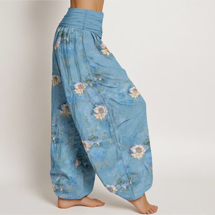Buddha Stones Cotton Yellow Lotus Scatter Pattern Women's Elastic Waist Harem Pants - image 7
