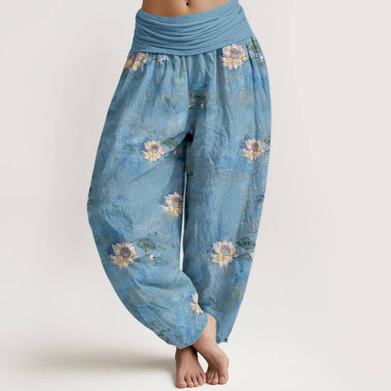 Buddha Stones Cotton Yellow Lotus Scatter Pattern Women's Elastic Waist Harem Pants - LightBlue - US16，UK/AU20，EU48 (3XL) - image 5