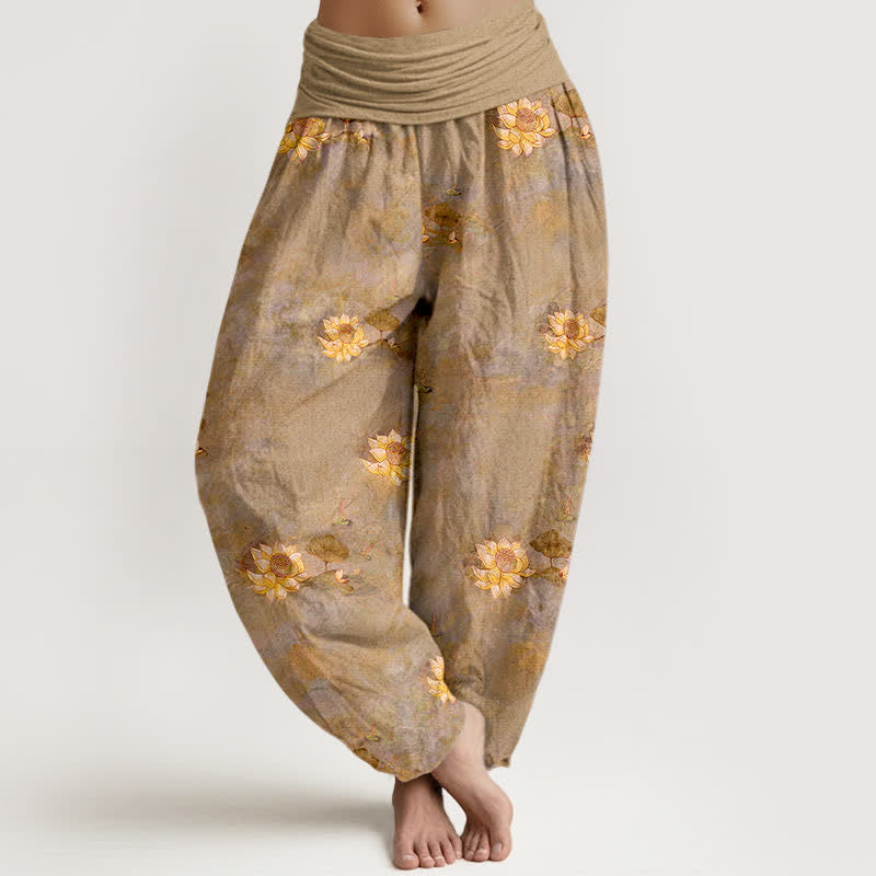 Buddha Stones Cotton Yellow Lotus Scatter Pattern Women's Elastic Waist Harem Pants - Tan - US16，UK/AU20，EU48 (3XL) - image 8