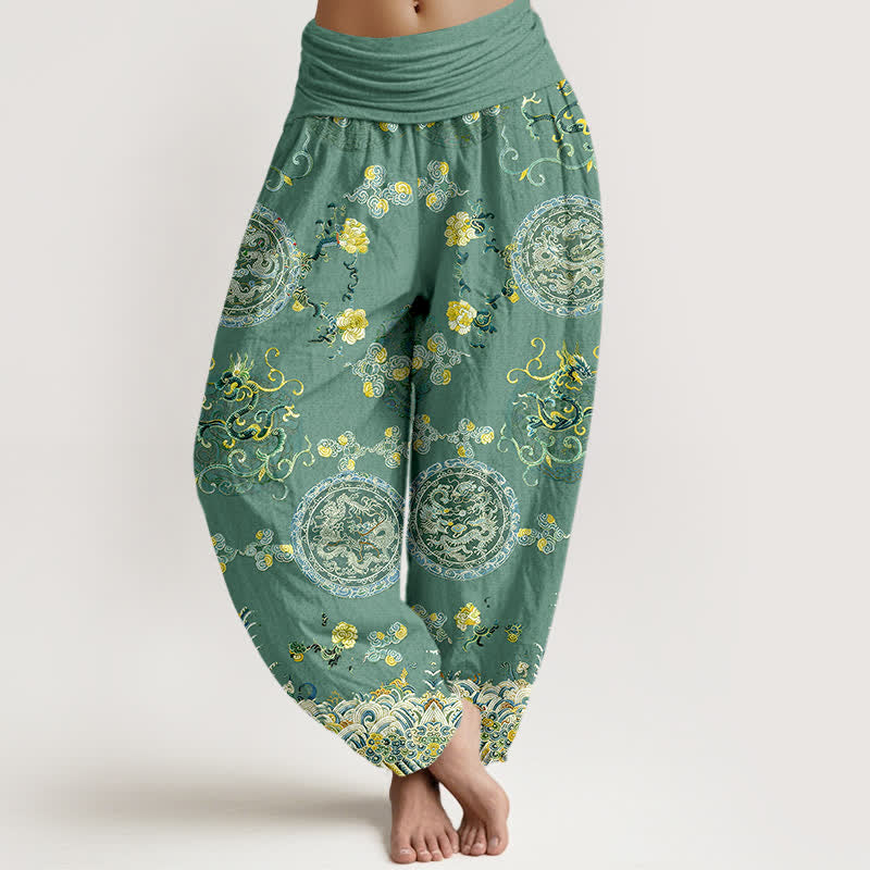 Buddha Stones Cotton Indigo Medallion Dragon Pattern Women's Elastic Waist Harem Pants - MediumSeaGreen - US16，UK/AU20，EU48 (3XL) - image 8