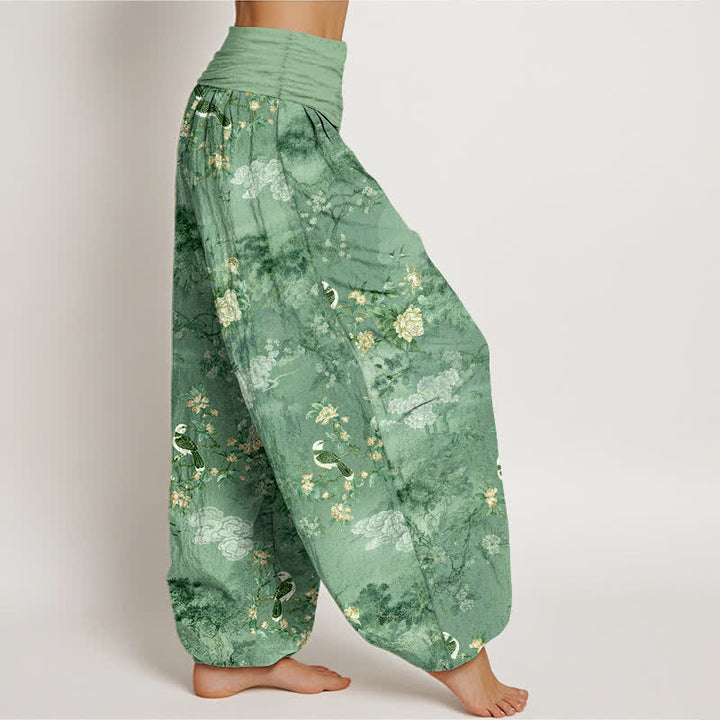 Buddha Stones Pure Cotton Floral Bird Pattern Women's Elastic Waist Harem Pants - image 7