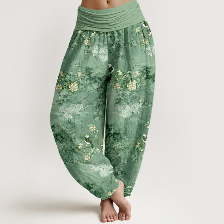 Buddha Stones Pure Cotton Floral Bird Pattern Women's Elastic Waist Harem Pants - MediumSeaGreen - US16，UK/AU20，EU48 (3XL) - image 5
