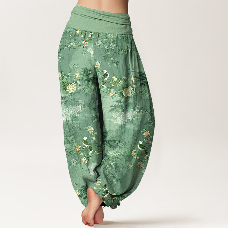 Buddha Stones Pure Cotton Floral Bird Pattern Women's Elastic Waist Harem Pants - image 6