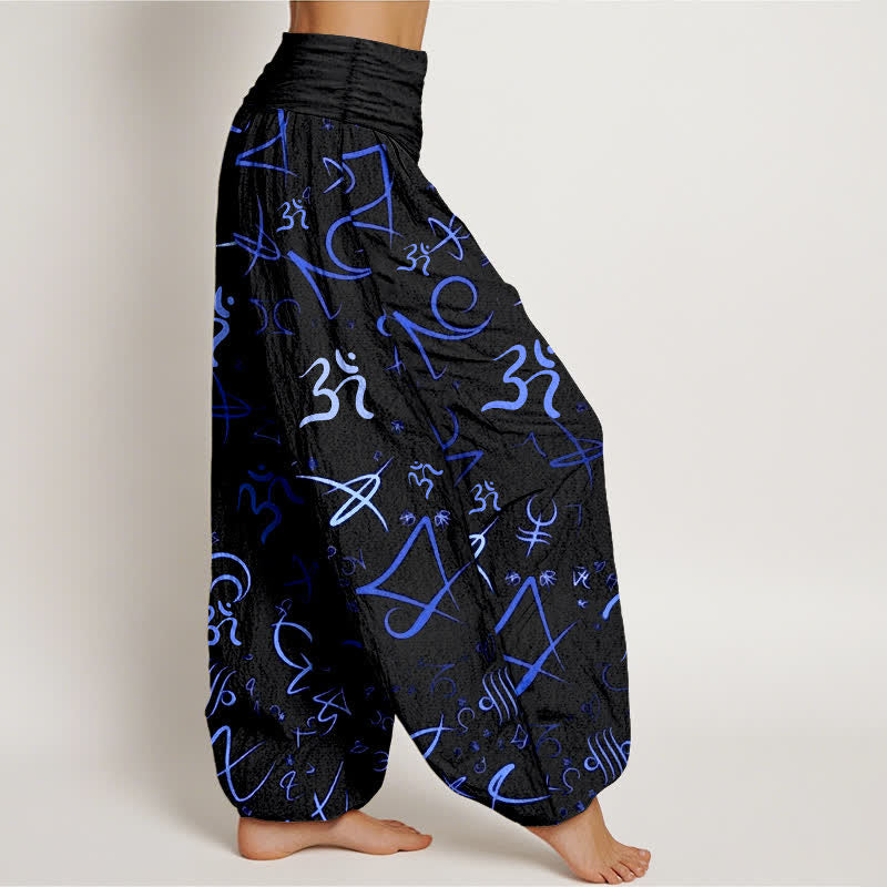 Buddha Stones Pure Cotton Blue OM Symbol Pattern Women's Elastic Waist Harem Pants - image 2