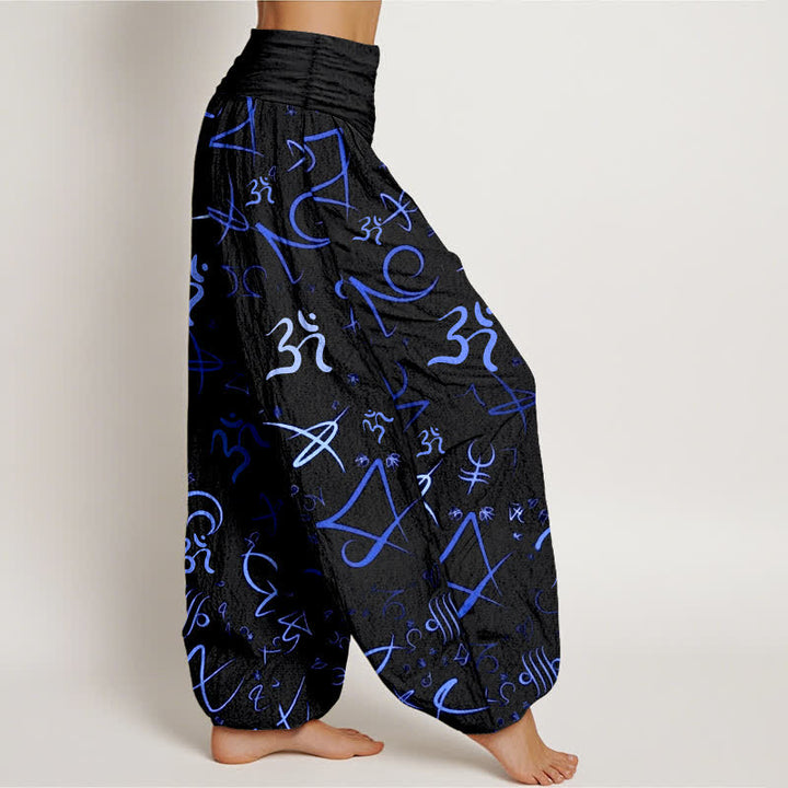 Buddha Stones Pure Cotton Blue OM Symbol Pattern Women's Elastic Waist Harem Pants - image 2
