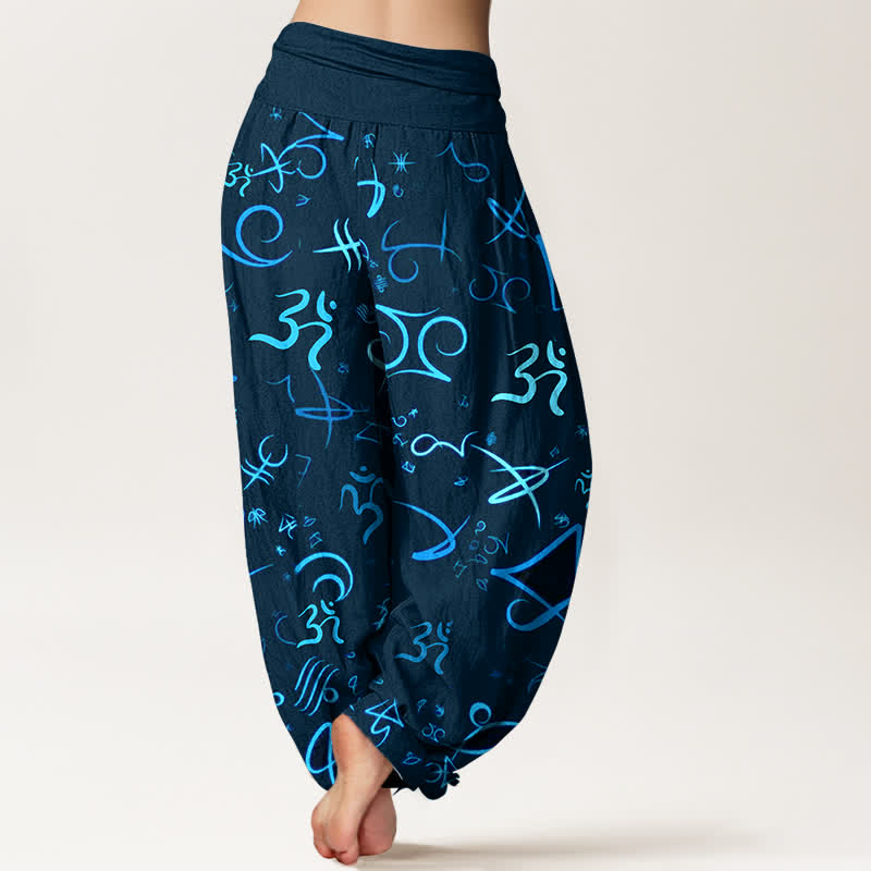 Buddha Stones Pure Cotton Blue OM Symbol Pattern Women's Elastic Waist Harem Pants - image 6