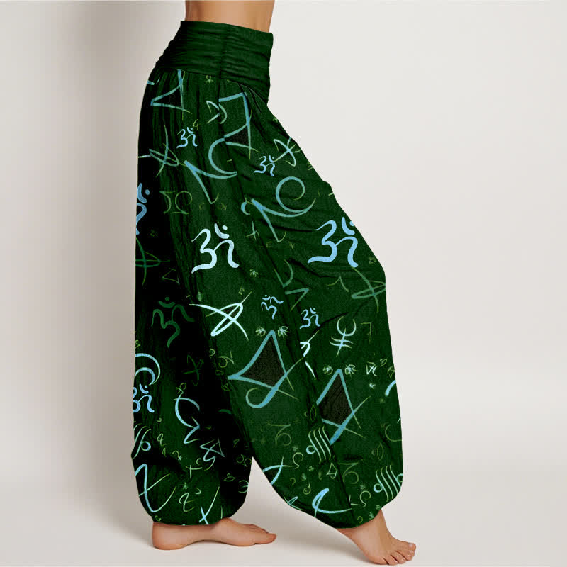 Buddha Stones Pure Cotton Blue OM Symbol Pattern Women's Elastic Waist Harem Pants - image 10