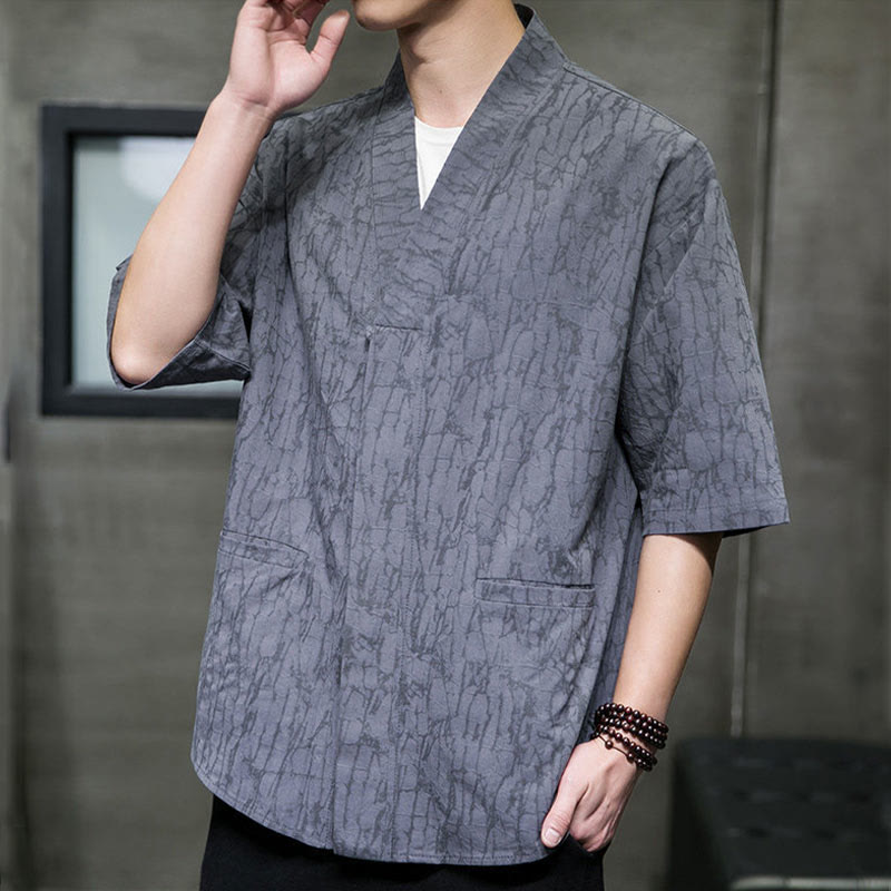 Buddha Stones Summer V-Neck Buttons Shattered Pattern Men's Short Sleeve Shirt With Pockets - image 3