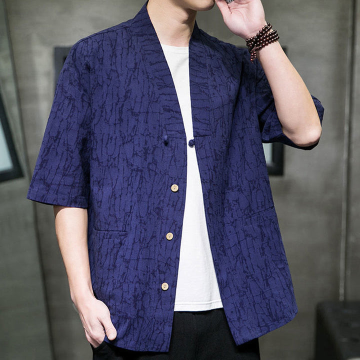 Buddha Stones Summer V-Neck Buttons Shattered Pattern Men's Short Sleeve Shirt With Pockets - image 17