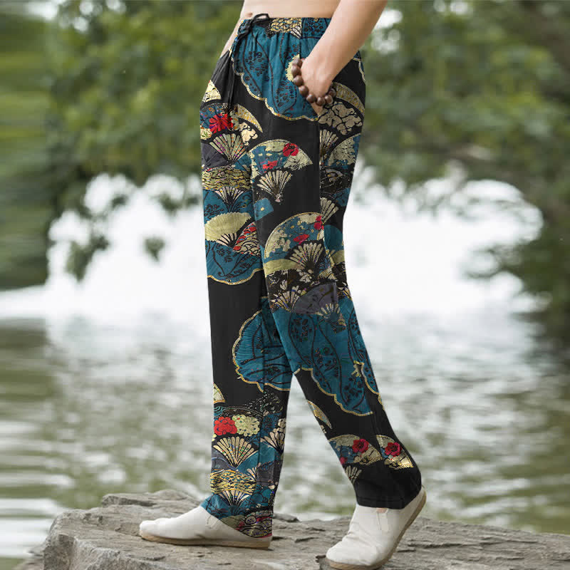 Buddha Stones Cotton Oriental Folding Fan Floral Pattern Men's Tapered Pants With Pockets - image 1
