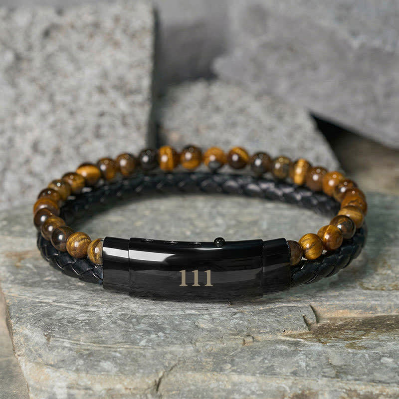 Buddha Stones Tiger Eye Angel Numbers Double Wrap Leather Faith Bracelet - Tiger Eye(Wrist Circumference: 18-19cm) - 111 - image 4